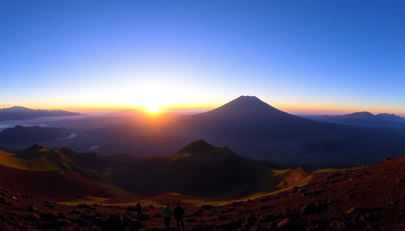 Majestic Mt. Rinjani rising above Lombok with trekkers exploring its slopes and crater in natural daylight, highlighting its volcanic beauty and outdoor appeal.