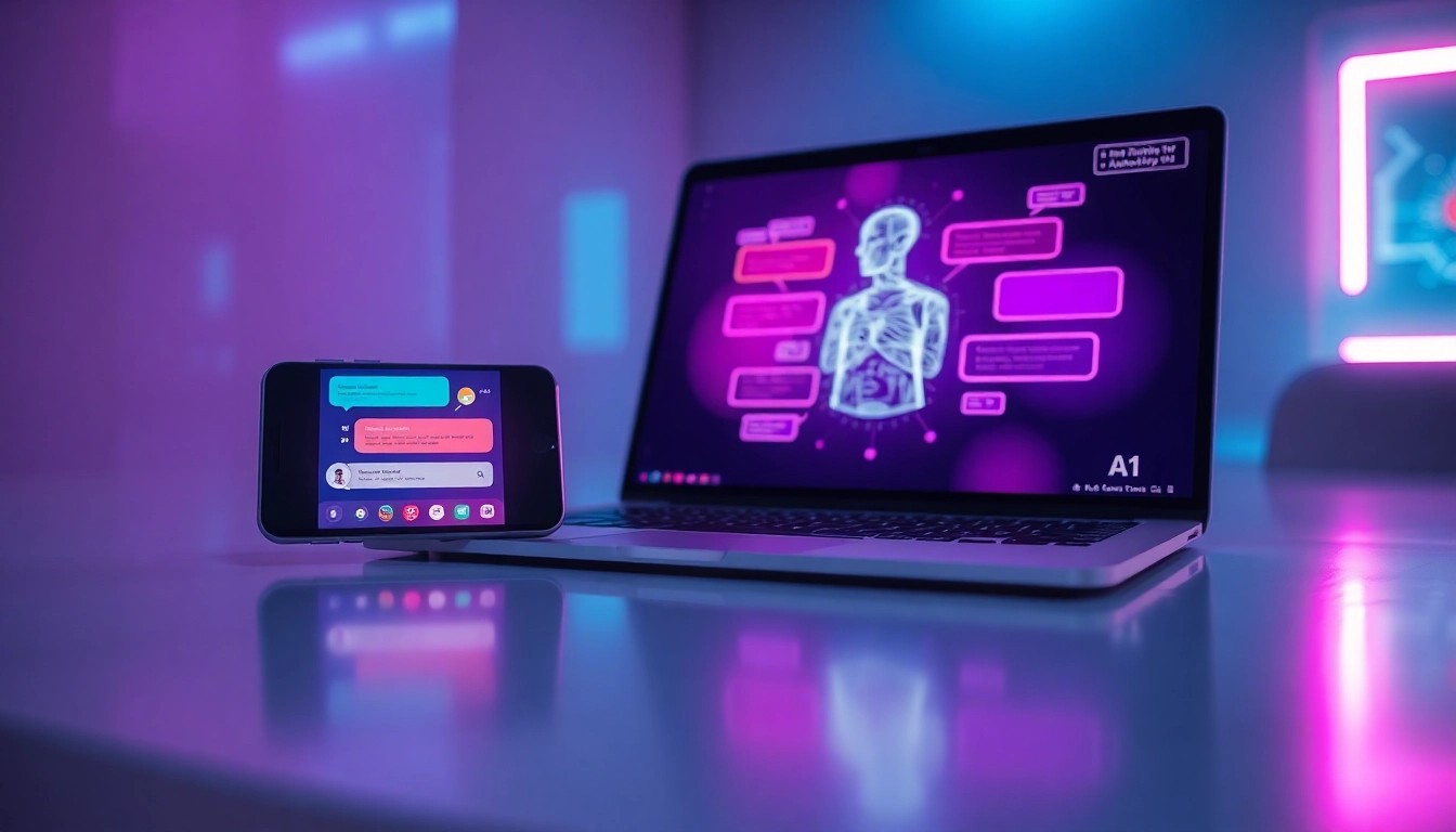 Futuristic AI chatbot interface on devices with holographic AI character in a high-tech environment.