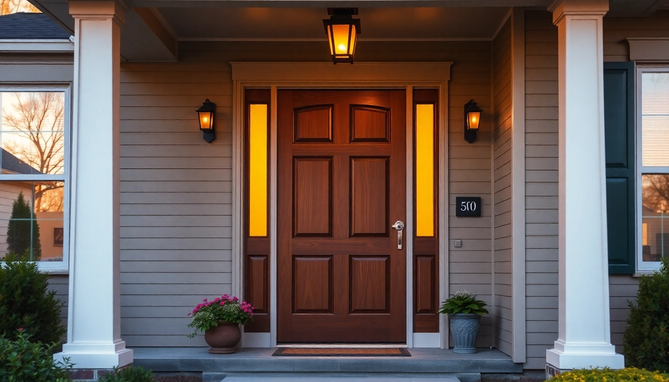 Open front door replacement reveals a craftsman entry with frosted glass and warm lighting.
