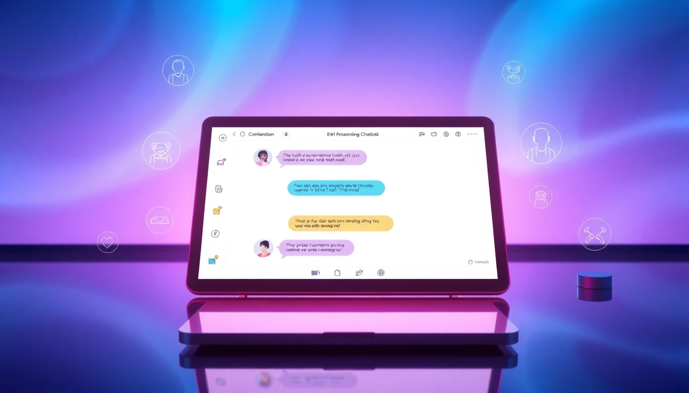 Digital tablet showing a futuristic AI chatbot conversation with colorful chat bubbles and feature icons.