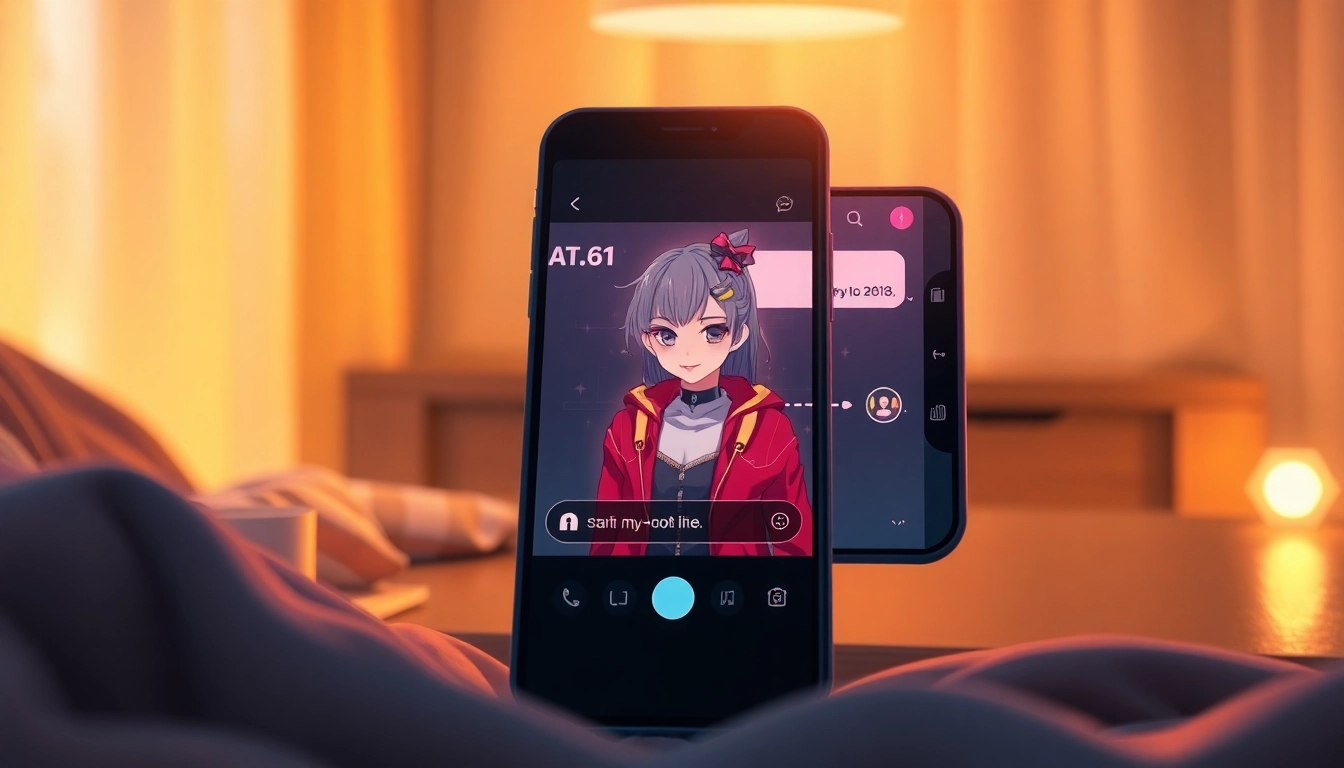 An illustration of a smartphone displaying a chat with a customizable AI character in a cozy, warmly lit room, with focus on the engaging conversation and character's inviting expression.