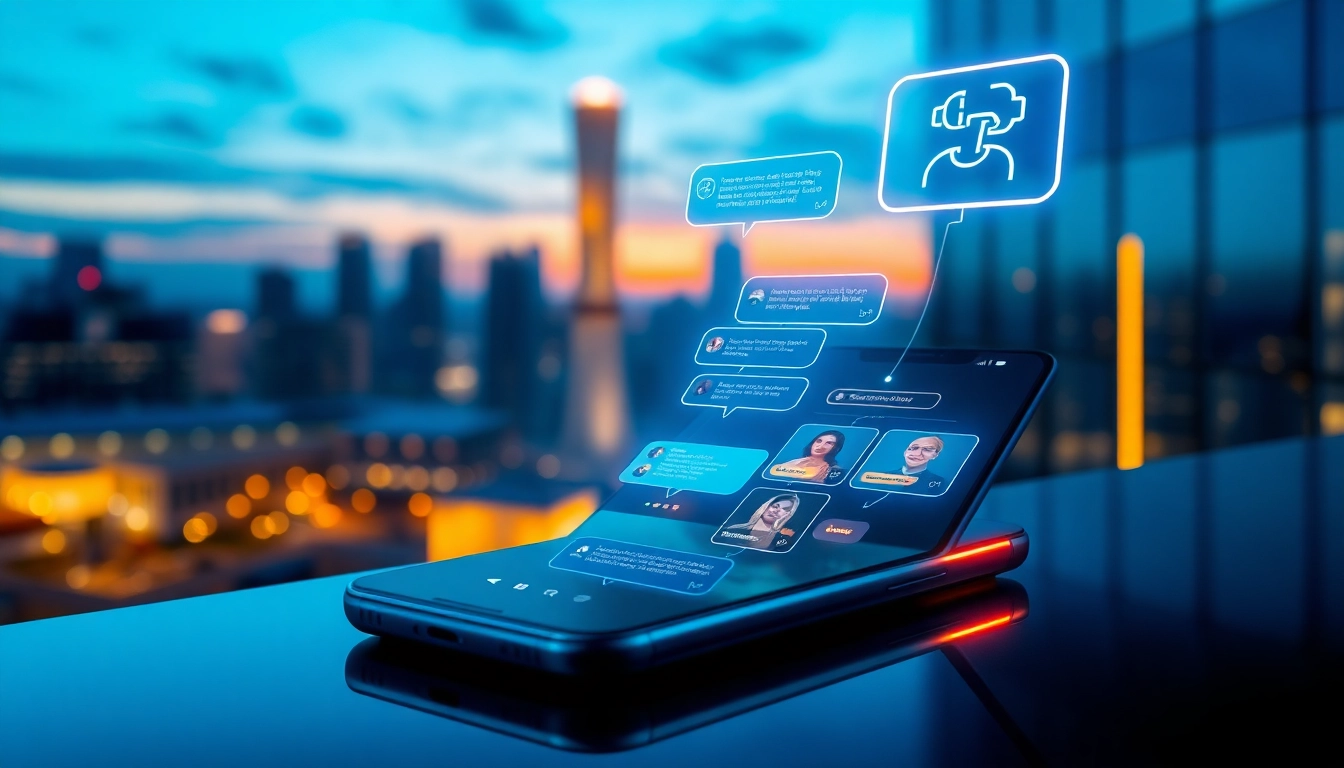 An illustration of a futuristic smartphone with holographic chat bubbles and customizable AI characters against a modern cityscape at dusk.