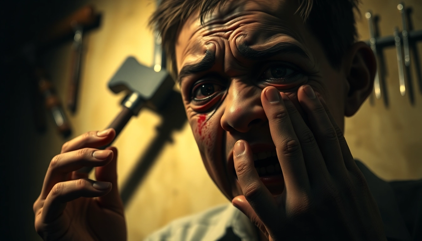 Distressed cheerful character Harvey showing pain in a dark, gritty scene with violent tools in the background.