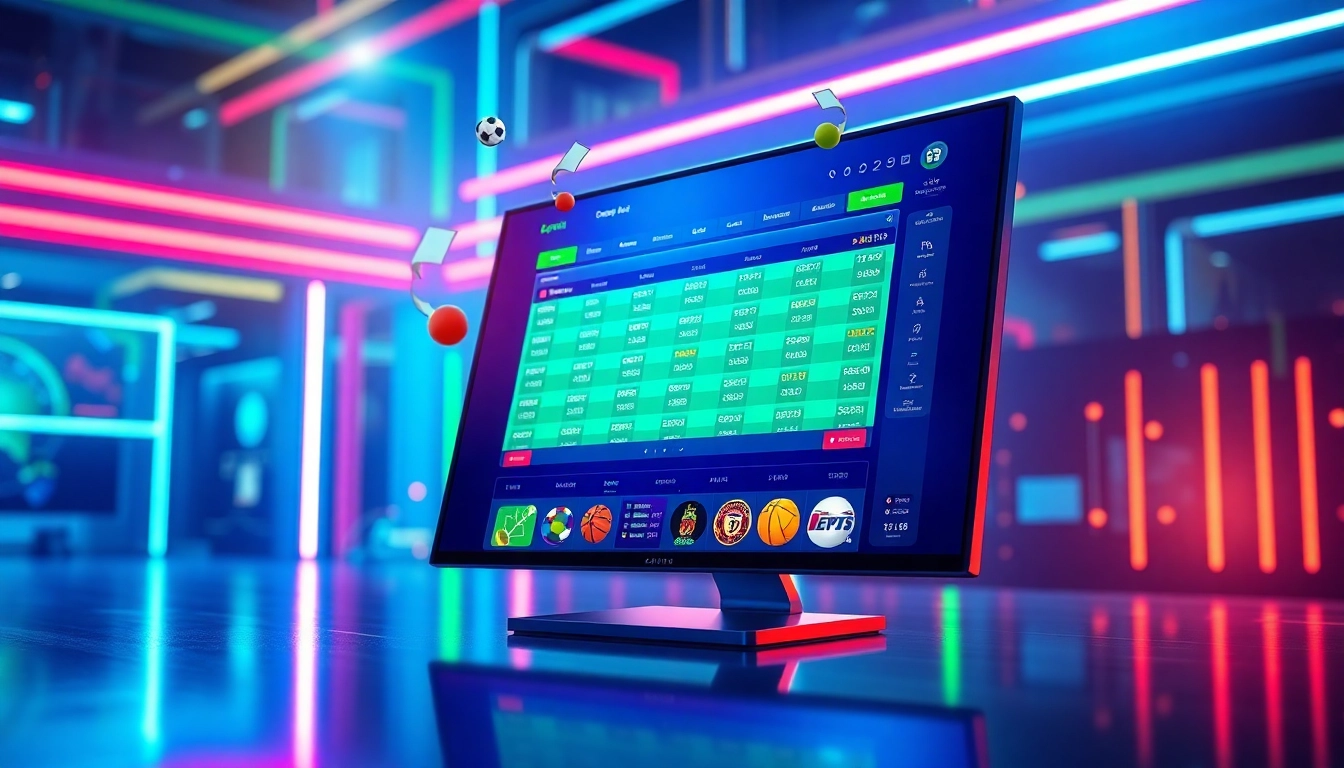 A modern online sportsbook and casino platform with vibrant neon lights and dynamic betting visuals on a digital screen.