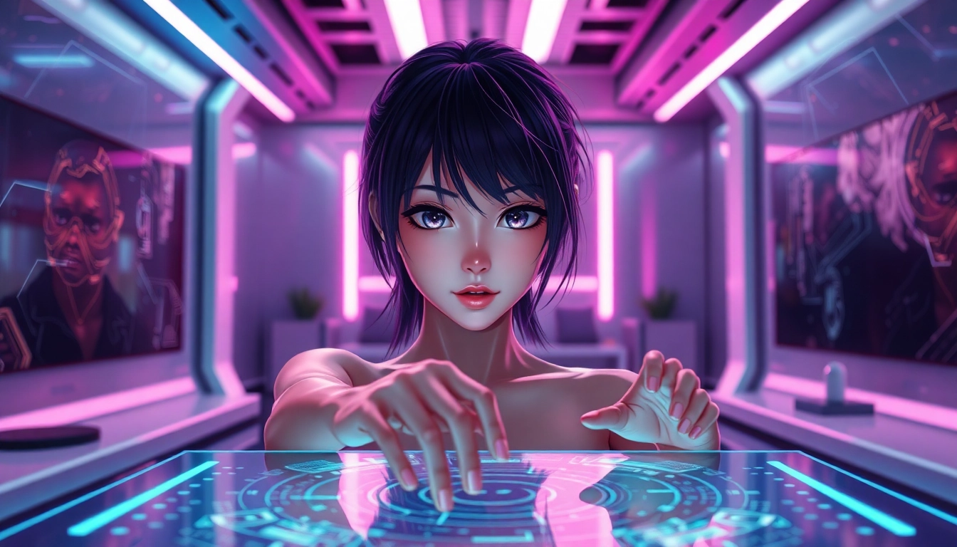Futuristic digital scene with a hyper-realistic anime-style character interacting in a neon-lit environment