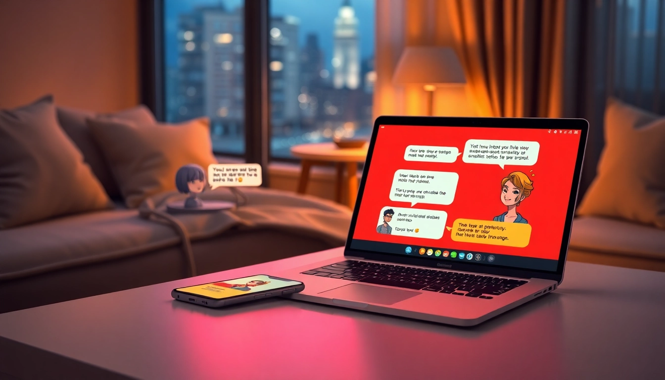 Modern devices with chat interfaces featuring AI characters engaging in spicy conversations, in a cozy, stylish room.