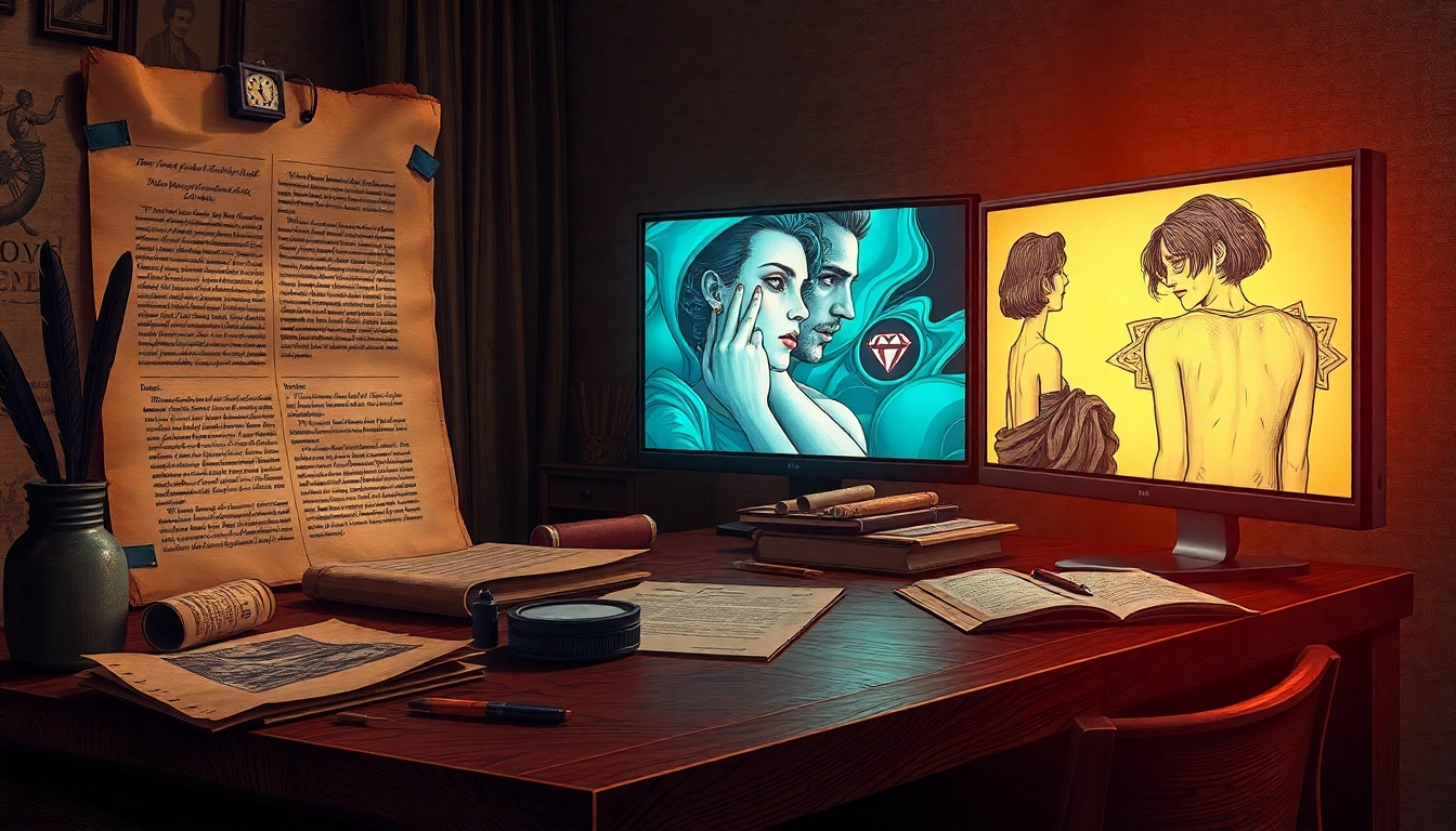 An artistic depiction of the evolution of smut from historical stains to modern digital adult media, showing old manuscripts transitioning into digital screens with provocative images.