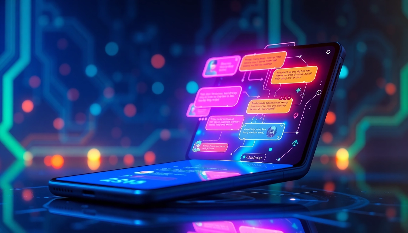 Futuristic AI chatbot interface with holographic elements and colorful conversation bubbles on a sleek device screen.