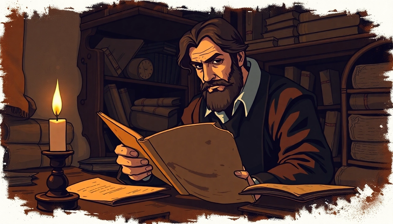 An antique scholar studying old stained manuscripts in a dimly lit, vintage study room.