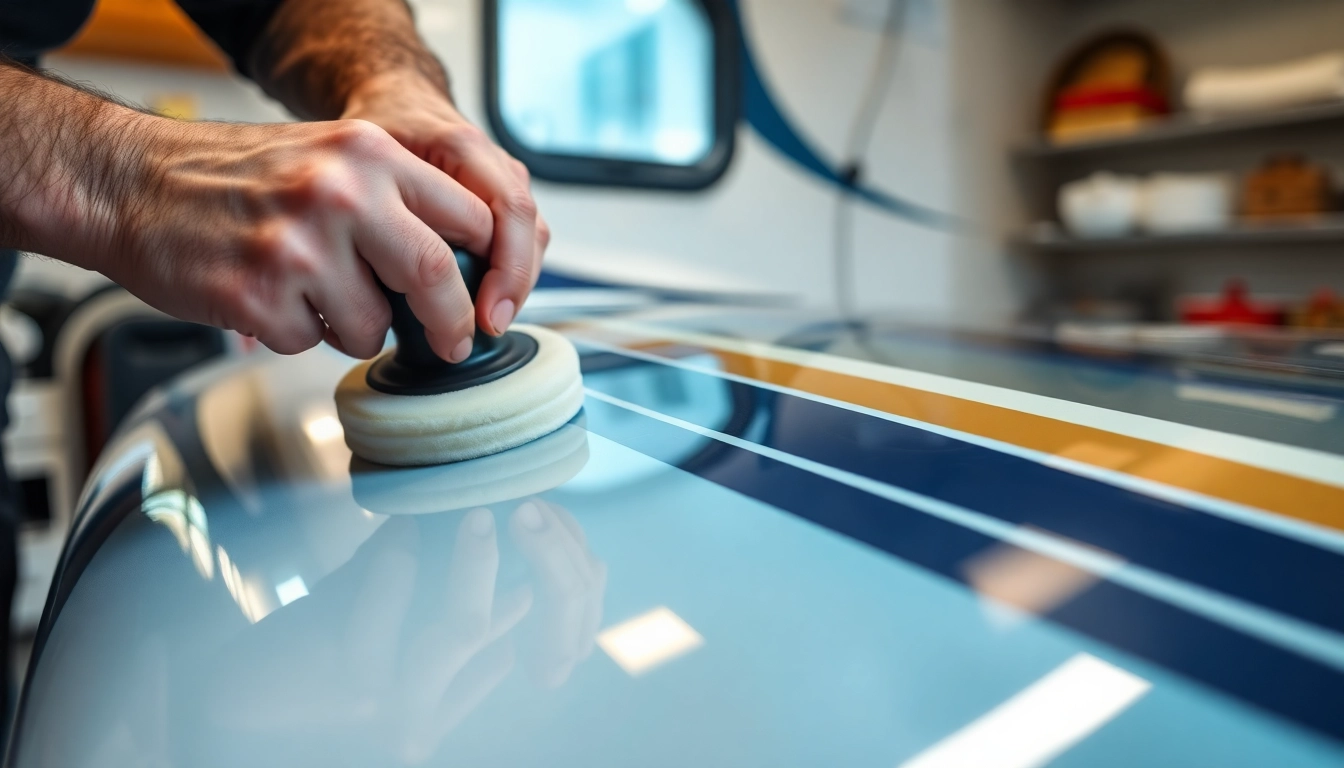High-quality Wohnmobil Politursiegelung being applied to a camper with a polishing pad for a
